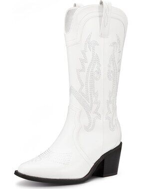 Women's White Cowboy Boots Pointed Toe Western Boots Embroidered Mid Calf Boots